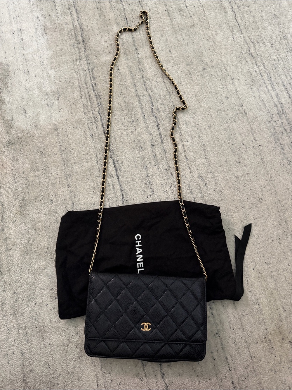 CHANEL Black Quilted Caviar Leather Crossbody with Gold Chain